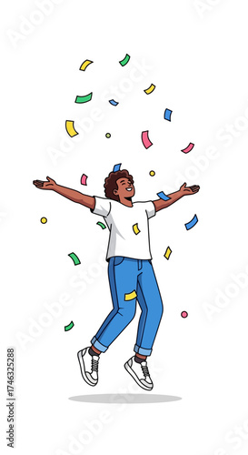 Young man jumping with joy as colorful confetti falls around him.