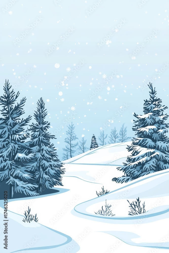 Fototapeta premium A serene winter landscape featuring snow-covered trees lining a gentle pathway. The scene captures a tranquil atmosphere with falling snowflakes.