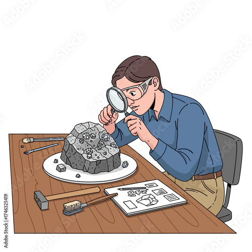 Young paleontologist examining a fossilized rock with a magnifying glass.