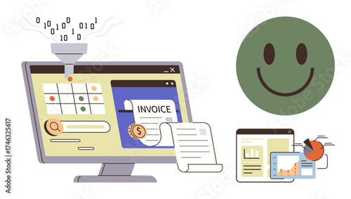 Computer screen showcasing invoice processing, data funnel integration, charts, documents, and a happy face. Ideal for automation, finance, efficiency, analytics technology innovation positive