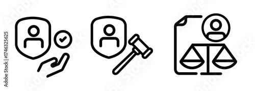 data privacy legal protection icon set collection representing ethical and lawful handling of personal information security shield gavel and scale of justice