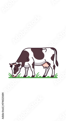 A black and white cow grazing in a green field.