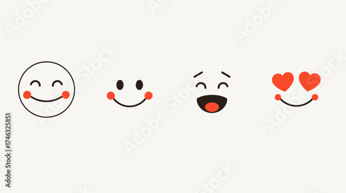 Four simple emoji icons depicting different emotions: happiness, joy, love, and contentment.