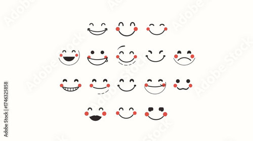 Collection of cartoon faces with different expressions, including happy, sad, and neutral, with red cheeks.