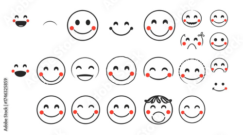 A collection of various smiling face emoticons, expressing different emotions and moods.