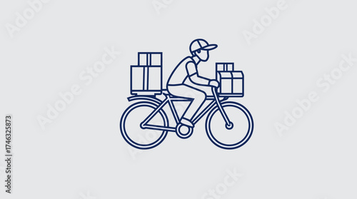 A line drawing depicts a delivery person cycling with packages on a bicycle.