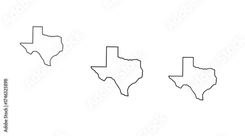 Three Texas state outlines, varying in size, are arranged against a white background.