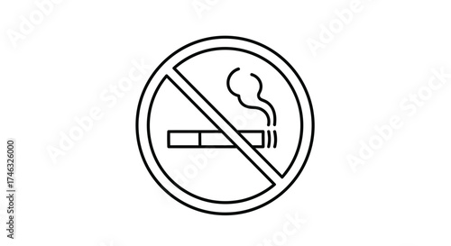 A black and white outline illustration of a no smoking sign with a cigarette and smoke.