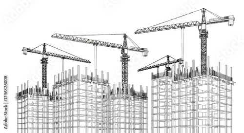 Line drawing depicts multiple construction cranes atop building frameworks, illustrating urban development.