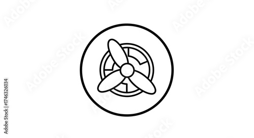 A minimalist line drawing of a fan inside a circle, centered on a white background.