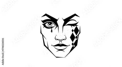 Stylized face of a person with harlequin-inspired makeup, winking and with a teardrop.