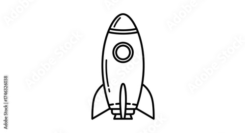 Simple black and white line drawing of a rocket ship, ready for launch, against a white background.