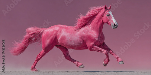 Pink horse running with flowing mane and tail on dusty ground under pink sky
