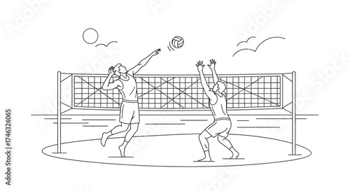 Two athletes playing volleyball on a beach, one spiking the ball.