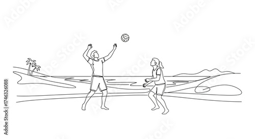 Line art depicting two people playing volleyball on a beach with a tropical landscape in the background.