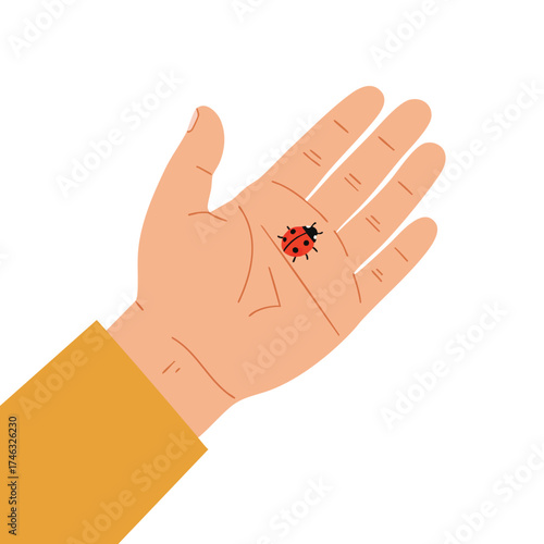 a child's hand held open, and on the palm is a small red ladybug crawling along