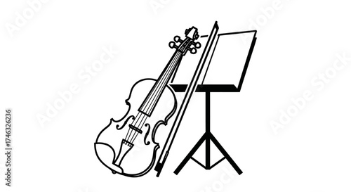 Illustration of a violin with a bow leaning against it, next to a music stand with blank sheet music.