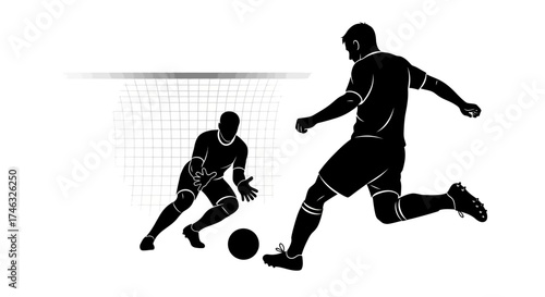 Silhouette of a soccer player kicking the ball towards the goal, goalkeeper ready.
