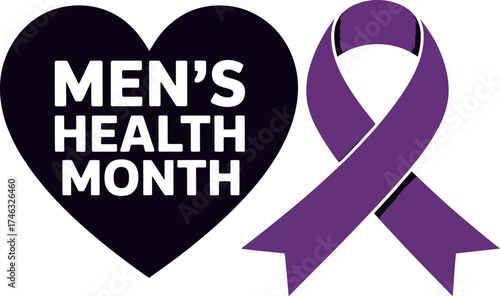 Men's health month graphic with heart and purple ribbon on white background