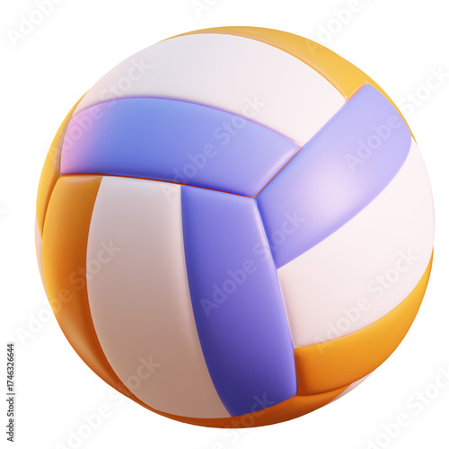 A colorful 3D rendered volleyball with purple, white, and orange panels isolated on a white background.