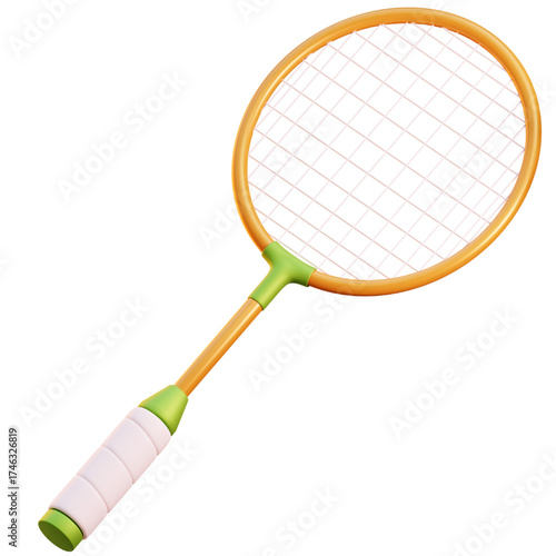 Vibrant Orange Badminton Racket with White and Green Grip, Ready for Athletic Play and Outdoor Recreation