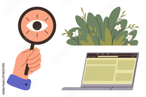 Hand with magnifying glass highlighting eye symbol, open laptop with webpage layout, leafy plants. Ideal for themes of research, visibility, analytics, internet, exploration, nature simple flat