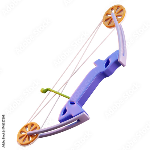 Colorful plastic toy compound bow with orange wheels and green arrow rest, designed for children's recreational play.