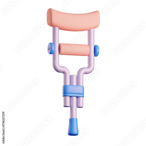 A single medical elbow crutch isolated on a white background. This 3D rendered illustration represents support for injury, disability, rehabilitation, and healthcare