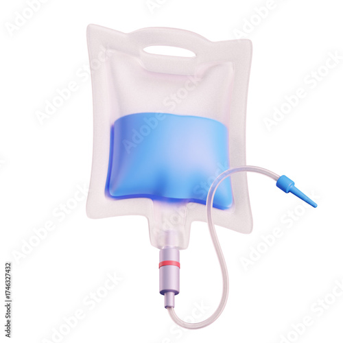 3D render of a medical IV bag with blue liquid and tubing, isolated on white background.