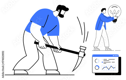 Miner swinging pickaxe, innovator analyzing light bulb as idea, dashboard with charts. Ideal for teamwork, innovation, productivity, technology, data analysis problem-solving growth concepts. Flat