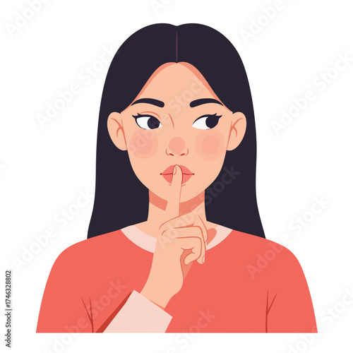 a girl placing one index finger in front of her lips, asking for silence with a slightly mischievous look in her eyes