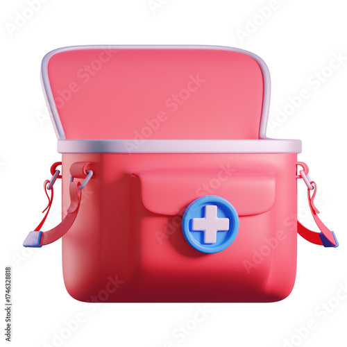 A 3D rendering of a pink first aid kit with an open lid and a medical cross symbol.