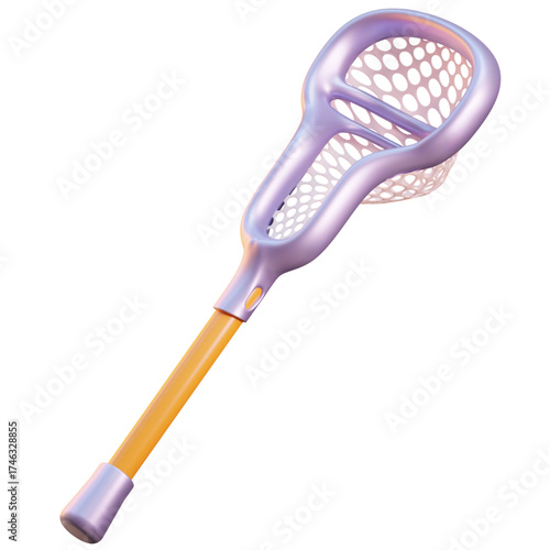Lacrosse stick with a light purple head and a wooden handle on a white background.