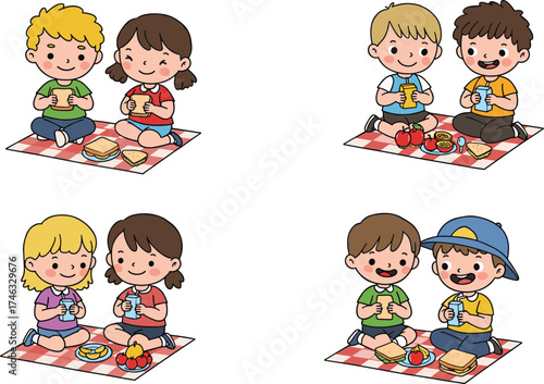 Cartoon children enjoying picnic meals on blankets, cheerful outdoor scene with diverse kids sharing food for friendly mealtime on white background