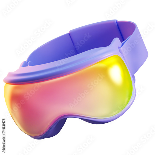 Futuristic purple virtual reality headset with a vibrant iridescent visor isolated on a clean white background.