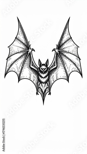 Monochrome Stippled Bat with Open Wings Isolated on White Background Detailed Pen and Ink Illustration