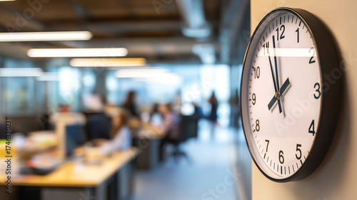 Wall clock in modern office showing time during busy workday
