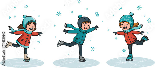 Three cartoon children ice skating in winter clothes, joyful seasonal activity illustration with snowflakes and movement on white background vector
