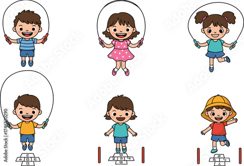 Six cartoon children playing hopscotch and jumping rope, outdoor activity illustration showing joyful movement and playful energy on white background