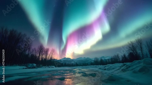 Wallpaper Mural Medium shot of glowing aurora dancing over icy landscape, vivid green and purple colors saturating the sky. Torontodigital.ca