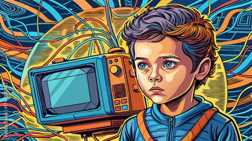 
Very nice close up portrait Single one line drawing a boy holding an old television made of cardboard.Channels are changed manually without a remote. The analog tv. Inside Television. Continuous line