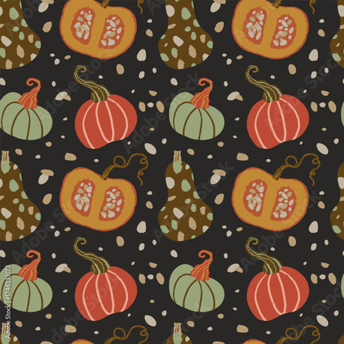 Vector seamless pattern of different pumpkins with leaves on dark background, good for design, cards, autumn posters, packaging, Thanksgiving, Halloween.