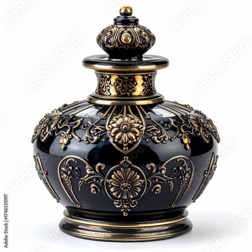 Ornate Black and Gold Decorative Vase on White Background Ornamentation