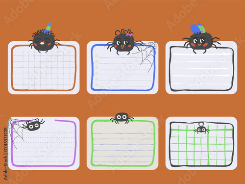 Set of stickers for notes. Vector illustration cute spiders with cobwebs. Thematic planner template, halloween notes. Organizer and schedule with place for Notes.