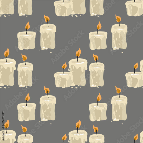 Seamless pattern with cute burning candles on a grey background. Good for textile, wrapping paper, invitations, card, flyer, cover, banner, brochure.