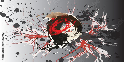 Abstract Art with Red and Black Ink Splatter and Circular Form.