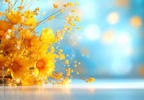 Background wallpaper with yellow flowers and wheat in a vase, soft blue bokeh lights, and ample copy space for text, all in an autumn theme.