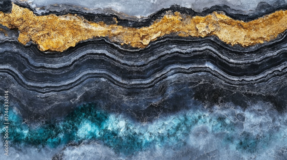 Fototapeta premium Stunning stone texture with liquid sapphire waves and sandy layers, accented by black marble veins.