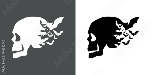 Logo con vista lateral de calavera humana hecha por murciélagos volando para felicitaciones y tarjetas de Halloween	