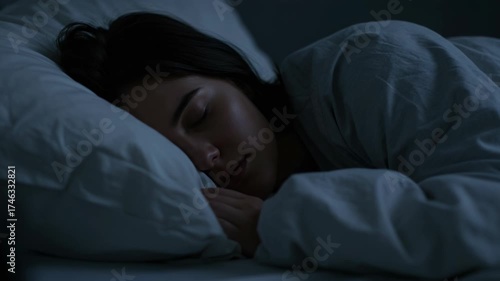 Young woman peacefully sleeping in bed at night, resting comfortably